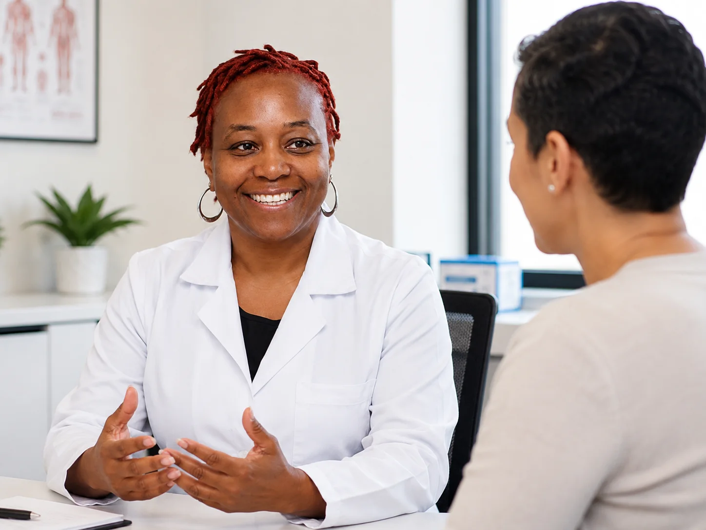Mental health provider having a warm, supportive conversation with a patient.